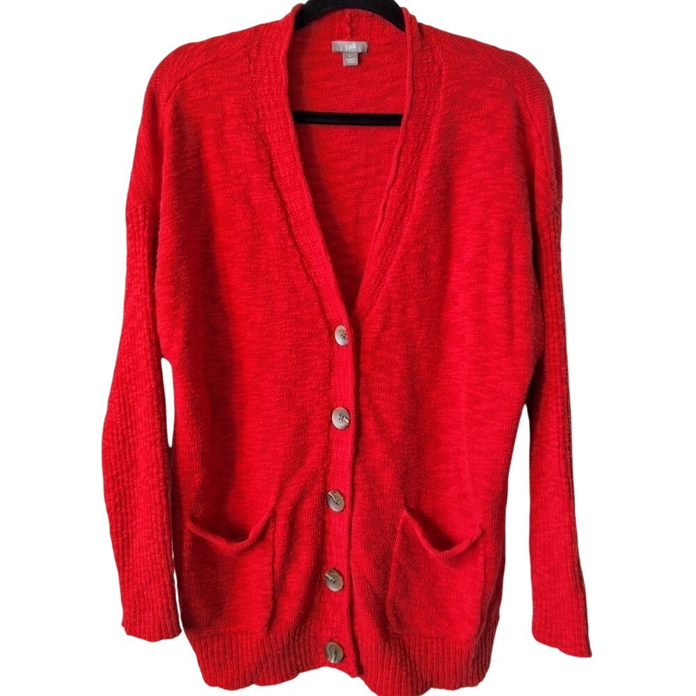 J.jill Women's Large Cotton Blend Knit Cardigan Red Long Sleeves Fall Cozy Warm